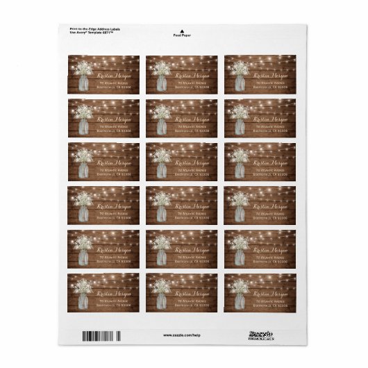 Rustikales Holz Gipskraut Mason Jar Lights Hochzei Adressaufkleber (Vorne)