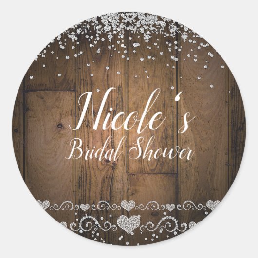 Rustikales Holz Glam Diamonds Glitzer Gastgeschenk Runder Aufkleber (Vorderseite)
