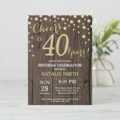 Rustikales Holz Gold 40. Geburtstag Diamant Einladung (Stehend Vorderseite)