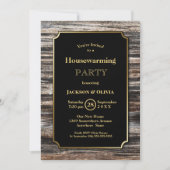 Rustikales Holz Gold Border Housewarming Party Einladung (Vorderseite)