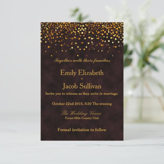 Rustikales Holz Gold Foil Confetti Elegante Hochze Save The Date (Stehend Vorderseite)