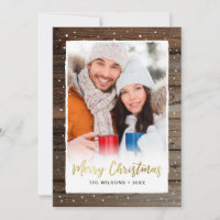 Rustikales Holz Gold Frohe Weihnachtsfoto-Karten