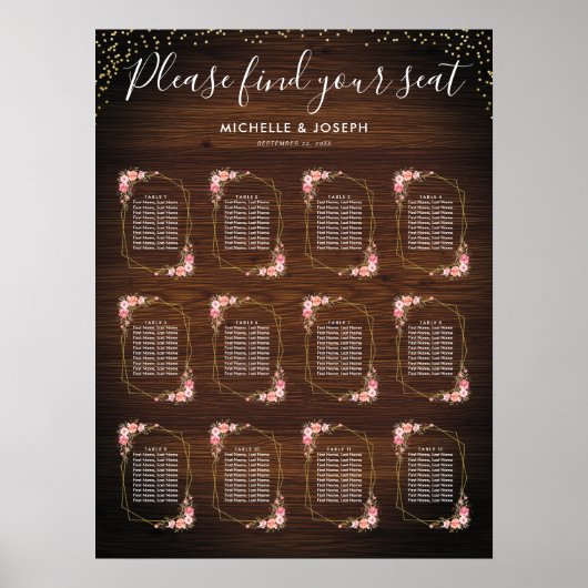 Rustikales Holz Gold Rosa Blütensitzplan Poster (Vorne)
