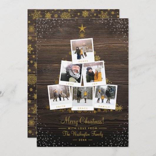 Rustikales Holz & Gold Weihnachtsbaum 6 Fotokarte Einladung (Vorne/Hinten)