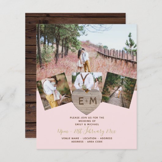 Rustikales Holz graviert Herz FOTO COLLAGE Invitat (Vorne/Hinten)