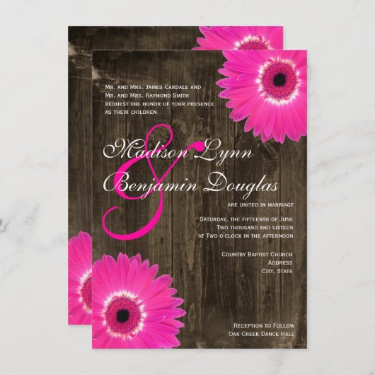 Rustikales Holz heiß rosa Daisy Hochzeitseinladung Einladung (Vorne/Hinten)