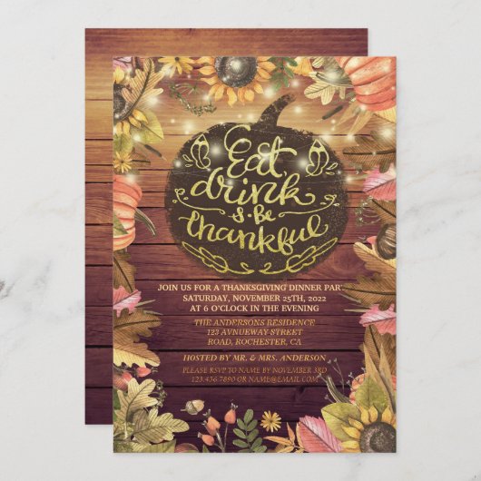 Rustikales Holz Herbst Ahorn Erntedank Abendessen  Einladung (Vorne/Hinten)