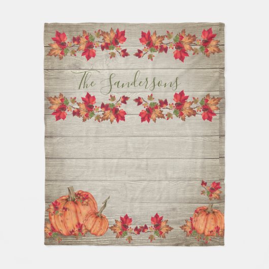 Rustikales Holz Herbst Orange Pumpkins Herbstlaub Fleecedecke (Vorderseite)