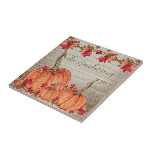Rustikales Holz Herbst Orange Pumpkins Herbstlaub Fliese (Seite)