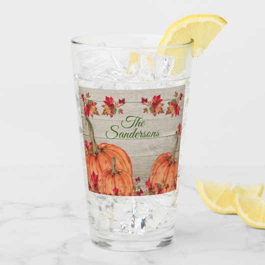 Rustikales Holz Herbst Orange Pumpkins Herbstlaub Glas (Rückseite Ice)