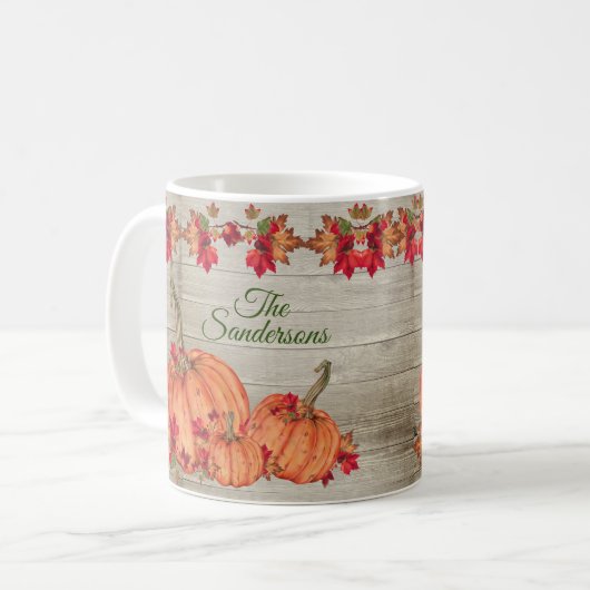 Rustikales Holz Herbst Orange Pumpkins Herbstlaub Kaffeetasse (Vorderseite Links)