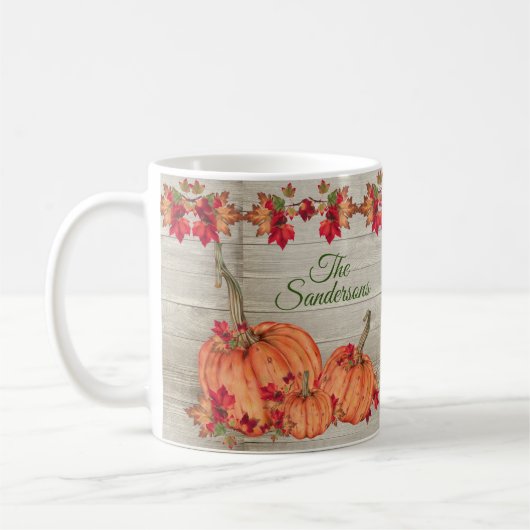 Rustikales Holz Herbst Orange Pumpkins Herbstlaub Kaffeetasse (Links)