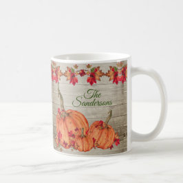 Rustikales Holz Herbst Orange Pumpkins Herbstlaub Kaffeetasse