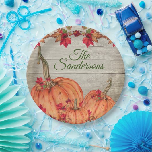 Rustikales Holz Herbst Orange Pumpkins Herbstlaub Pappteller (Party)