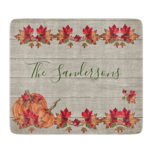 Rustikales Holz Herbst Orange Pumpkins Herbstlaub Schneidebrett (Vorderseite)