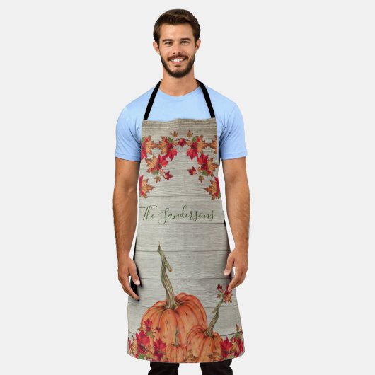 Rustikales Holz Herbst Orange Pumpkins Herbstlaub Schürze (Getragen)