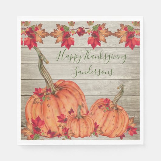 Rustikales Holz Herbst Orange Pumpkins Herbstlaub Serviette (Vorderseite)
