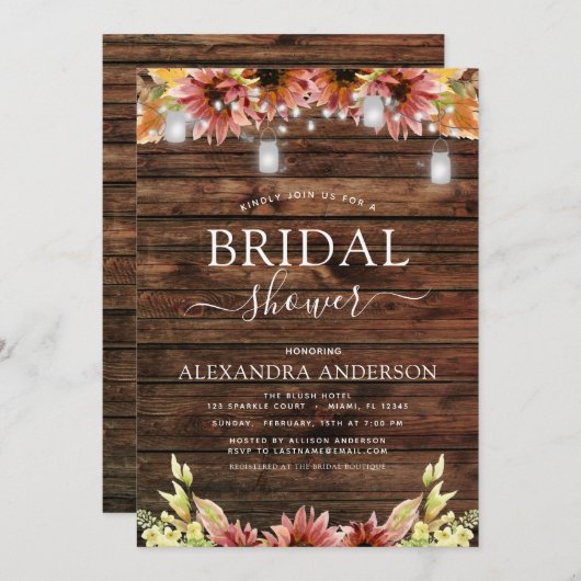 Rustikales Holz Herbst Sonnenblumen Brautparty Einladung (Vorne/Hinten)