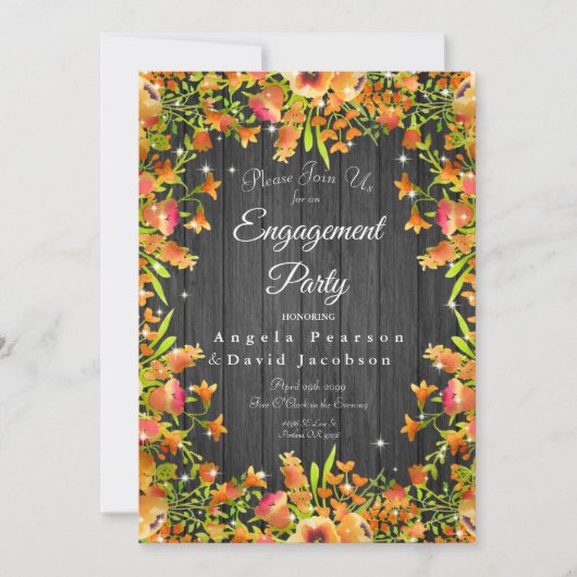 Rustikales Holz Herbst Wasserfarben Blume Glitzern Einladung (Vorderseite)