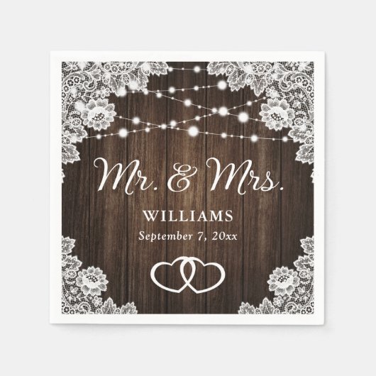 Rustikales Holz herzen Schnürsenkel und Lichter Ho Serviette (Vorderseite)