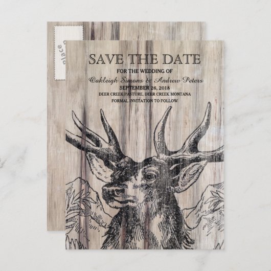 Rustikales Holz | Hirsche Save the Date Postkarte (Vorne/Hinten)