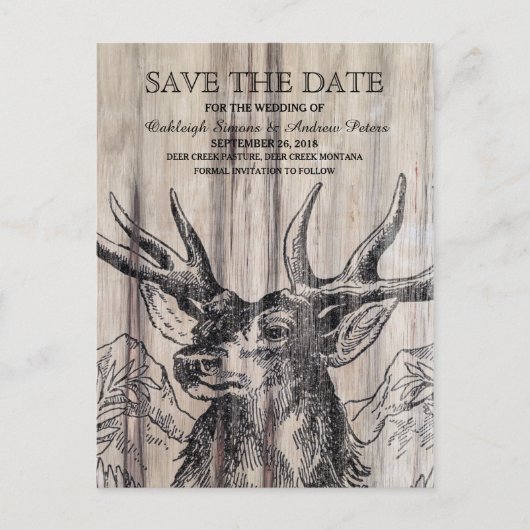 Rustikales Holz | Hirsche Save the Date Postkarte (Vorderseite)