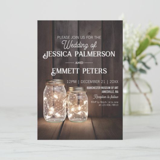 Rustikales Holz Hochzeitsmason Jar Light Strings C Einladung (Stehend Vorderseite)