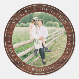 Rustikales Holz Hochzeitsstich Foto Rücksendeadres Runder Aufkleber