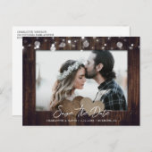 Rustikales Holz Hochzeitsstich Save the Date Postk Ankündigungspostkarte (Vorne/Hinten)