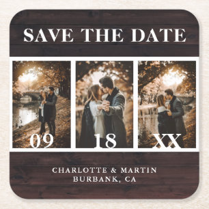 Rustikales Holz-Hochzeitstil-Foto Save the Date Rechteckiger Pappuntersetzer