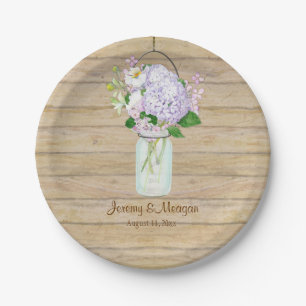 Rustikales Holz Holz Stallzaun Hydrangea Mason Jar Pappteller