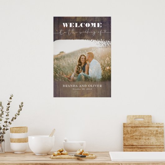 Rustikales Holz Ihr Foto Hochzeit Willkommenszeich Poster (Küche)