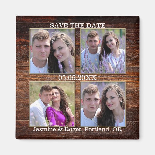 Rustikales Holz Ihre 4 Fotos speichern das Datumsf Magnet (Vorne)