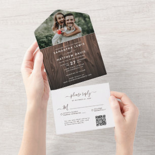 Rustikales Holz im Freien Hochzeit RSVP QR Code All In One Einladung