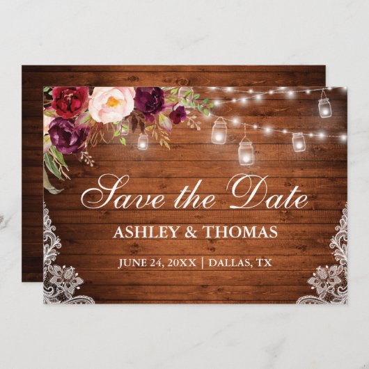 Rustikales Holz Jar Lights Blumenschmuck Save the  Save The Date (Vorne/Hinten)