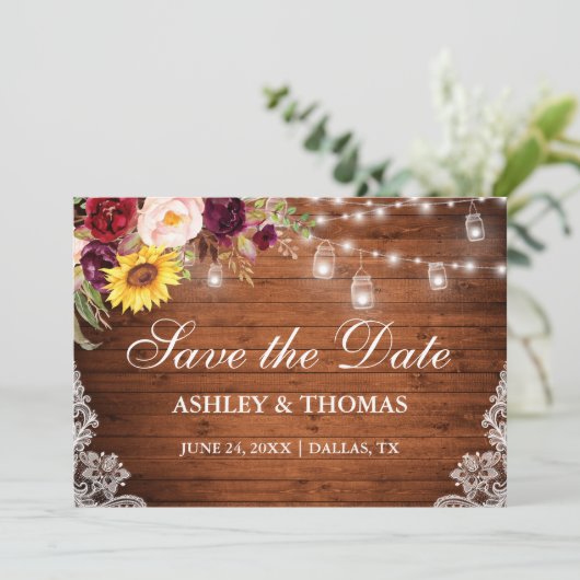 Rustikales Holz Jar Lights Mixed Floral Lace Save The Date (Stehend Vorderseite)