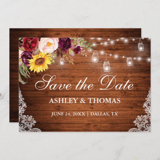 Rustikales Holz Jar Lights Mixed Floral Lace Save The Date (Vorne/Hinten)