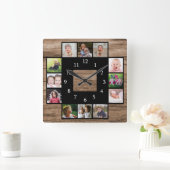 Rustikales Holz kreiert Ihre eigene 12 FotoCollage Quadratische Wanduhr (Zuhause)