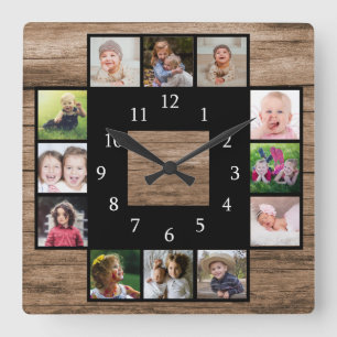 Rustikales Holz kreiert Ihre eigene 12-Fotosammlun Quadratische Wanduhr