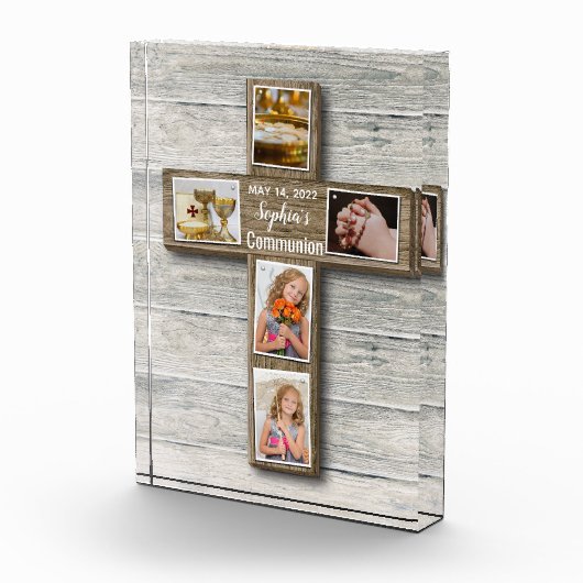 Rustikales Holz-Kreuz Erstes heiliges Kommunion-Fo Fotoblock (Rechts)