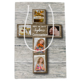 Rustikales Holz-Kreuz Erstes heiliges Kommunion-Fo Mittlere Geschenktüte