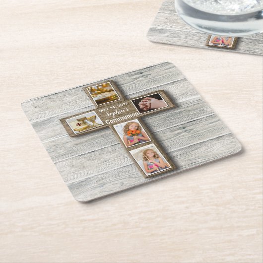 Rustikales Holz-Kreuz Erstes heiliges Kommunion-Fo Rechteckiger Pappuntersetzer (angewinkelt)