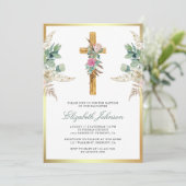 Rustikales Holz Kreuzboho Pampas Eukalyptus Taufe Einladung (Stehend Vorderseite)