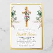 Rustikales Holz Kreuzboho Pampas Eukalyptus Taufe Folieneinladung (Vorderseite)