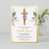 Rustikales Holz Kreuzboho Pampas Eukalyptus Taufe Folieneinladung (Stehend vorne)