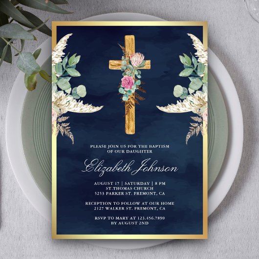 Rustikales Holz Kreuzpampas Eukalyptus Navy Taufe Einladung