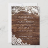 Rustikales Holz Lace Mason Jar String Lights Hochz Einladung (Vorderseite)