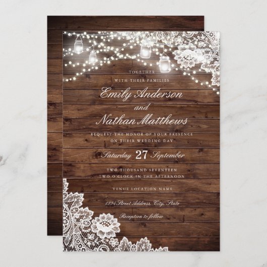 Rustikales Holz Lace Mason Jar String Lights Hochz Einladung (Vorne/Hinten)