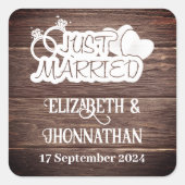 Rustikales Holz Land Hochzeit weiß nur verheiratet Quadratischer Aufkleber (Vorderseite)