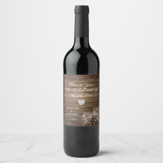 Rustikales Holz Land Mason Jars Heart Wedding Weinetikett (Vorderseite)